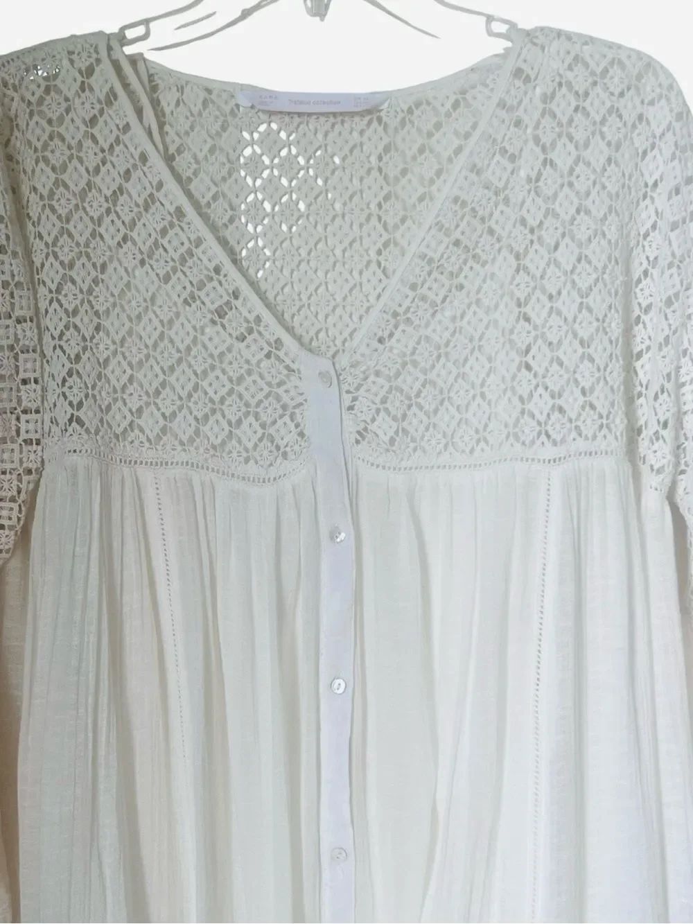 Zara 100% Cotton Cream Crochet BohoTunic Flowy Bell Sleeve Cottagecore Blouse XS - Picture 3 of 13
